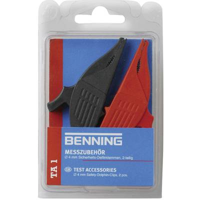 Dans l'emballage se trouvent deux accessoires de mesure sous forme de pinces crocodile, une noire et une rouge, chacune de 4 mm.