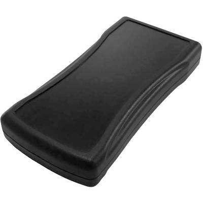 Télécommande noire, rectangulaire à la forme légèrement bombée. Surface lisse sans touches visibles.