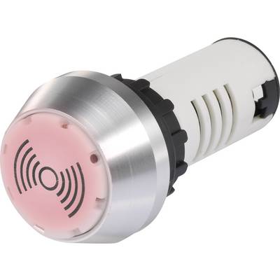 Un appareil cylindrique argenté avec un panneau avant rouge illuminé portant des symboles de haut-parleur, probablement un dispositif d'alerte sonore.