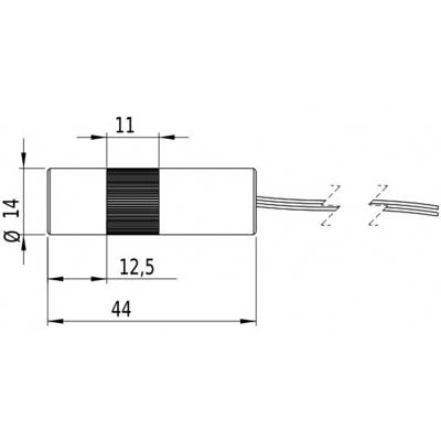 Dessin technique d'une pièce cylindrique avec les dimensions suivantes : longueur 44 mm, diamètre 14 mm, section centrale 12,5 mm, raccordement de câble à droite.