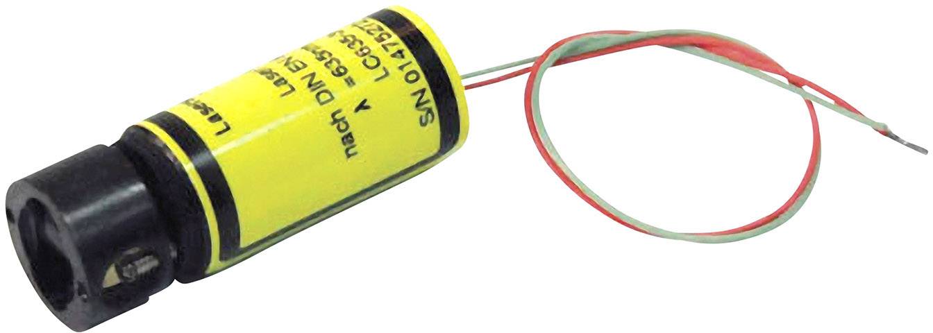 Un module de diode laser jaune avec des câbles de connexion isolés en rouge et en vert. Utilisé pour un alignement précis ou des instruments de mesure.