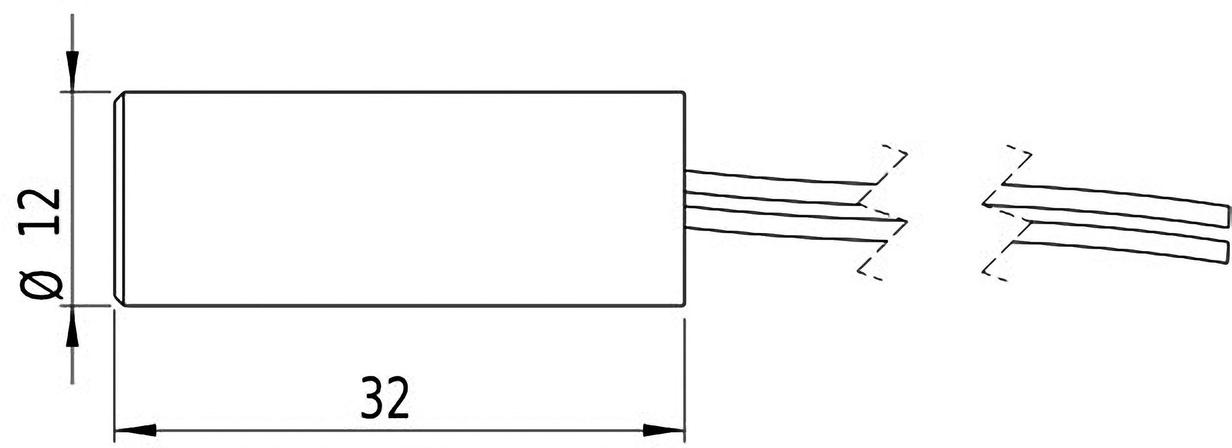 Dessin technique d'un composant rectangulaire de 32 mm de long et de 12 mm de diamètre, extrémité de câble à droite.