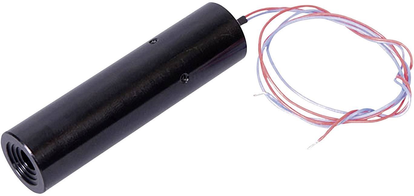 Un microphone cylindrique noir avec plusieurs câbles à une extrémité. Les fils sont rouges et bleus et sont dénudés.