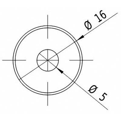 Dessin technique d'un cercle avec un cercle intérieur. Le diamètre extérieur est de 16 mm, le diamètre intérieur de 5 mm.