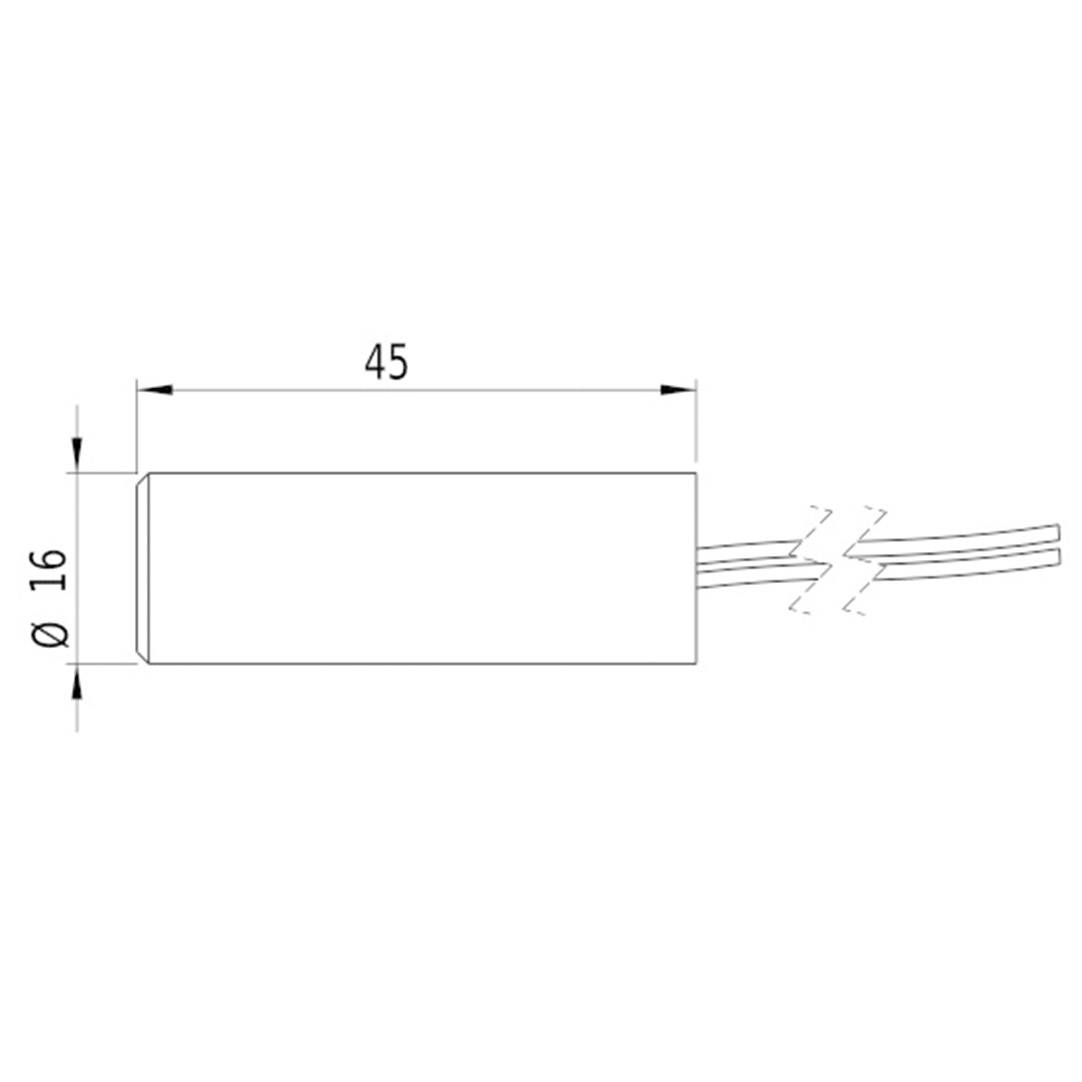Dessin technique d'un composant cylindrique. Longueur 45 mm, diamètre 16 mm. Deux câbles de sortie à droite, identifiés.