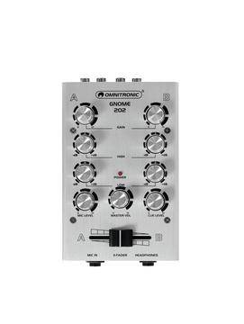 Console de mixage Omnitronic Gnome 202 avec plusieurs potentiomètres rotatifs et connexions. Adaptée pour le contrôle audio et le mixage.