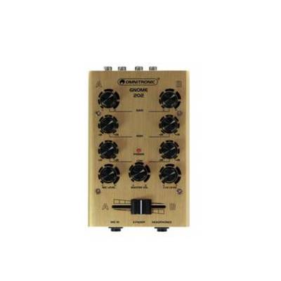 Un mixeur audio doré avec plusieurs boutons rotatifs et connexions. Le nom de marque et le modèle 'Omnitronic GNOME 202' sont visibles.