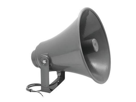 Enceinte grise en forme de corne, vue de côté, montée sur un support.