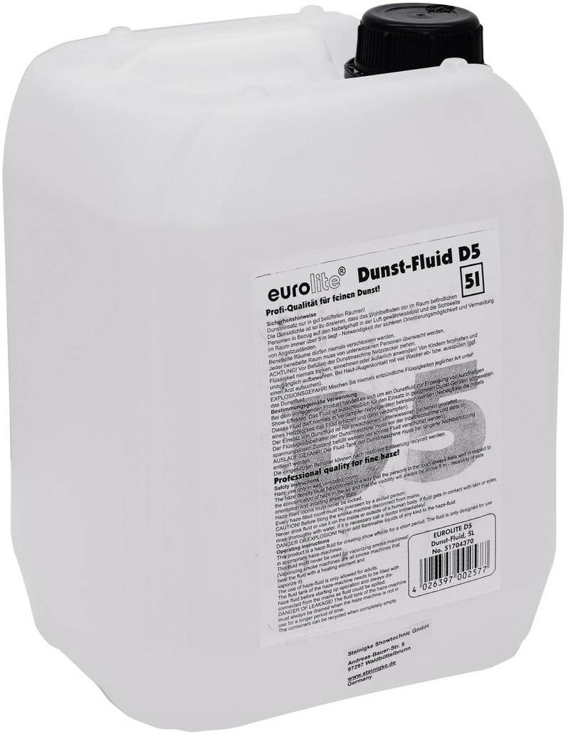 Un bidon blanc avec un couvercle noir contient du 'Fluide Dunst D5'. L'étiquette affiche les informations du produit et les instructions d'utilisation.