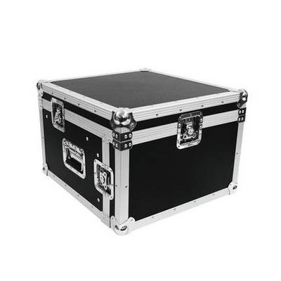 Un coffret de transport noir en forme de cube, doté de coins et d'éléments de fixation en métal argenté, conçu pour le rangement sécurisé d'équipement.