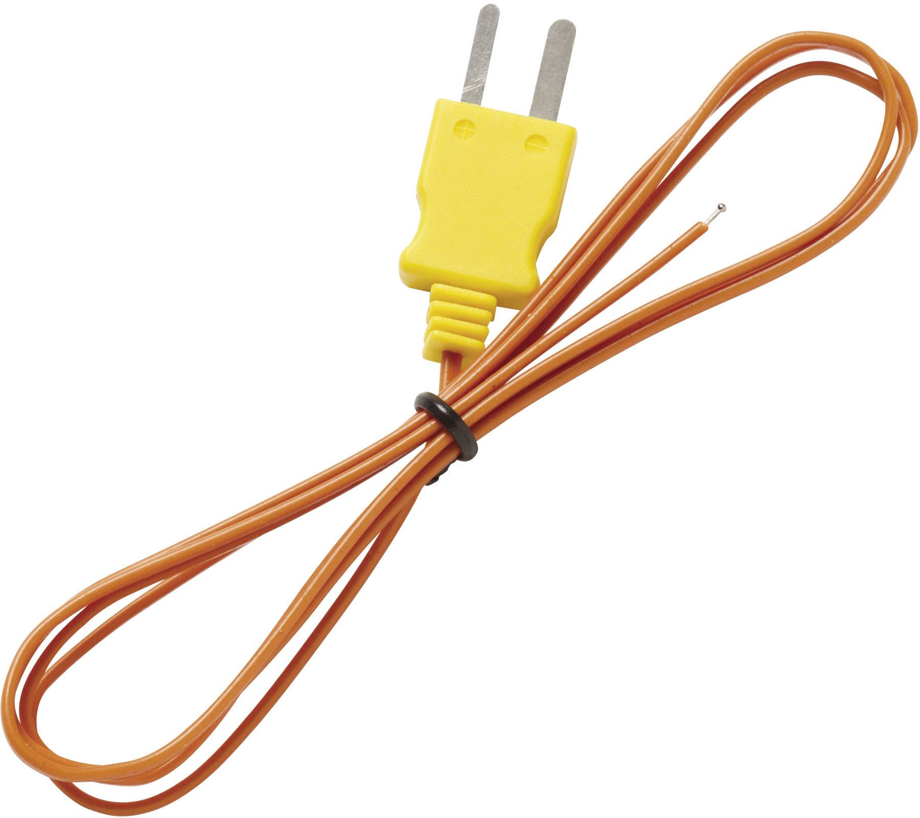 Élément thermocouple jaune avec deux broches métalliques et fil orange. Le fil est maintenu ensemble par un serre-câble en plastique.