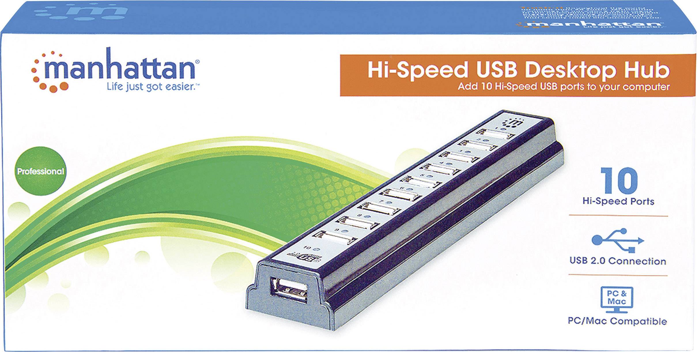 Hub USB de bureau Manhattan Hi-Speed avec 10 ports haute vitesse, connexion USB 2.0, compatible PC et Mac, avec des touches de design vert.