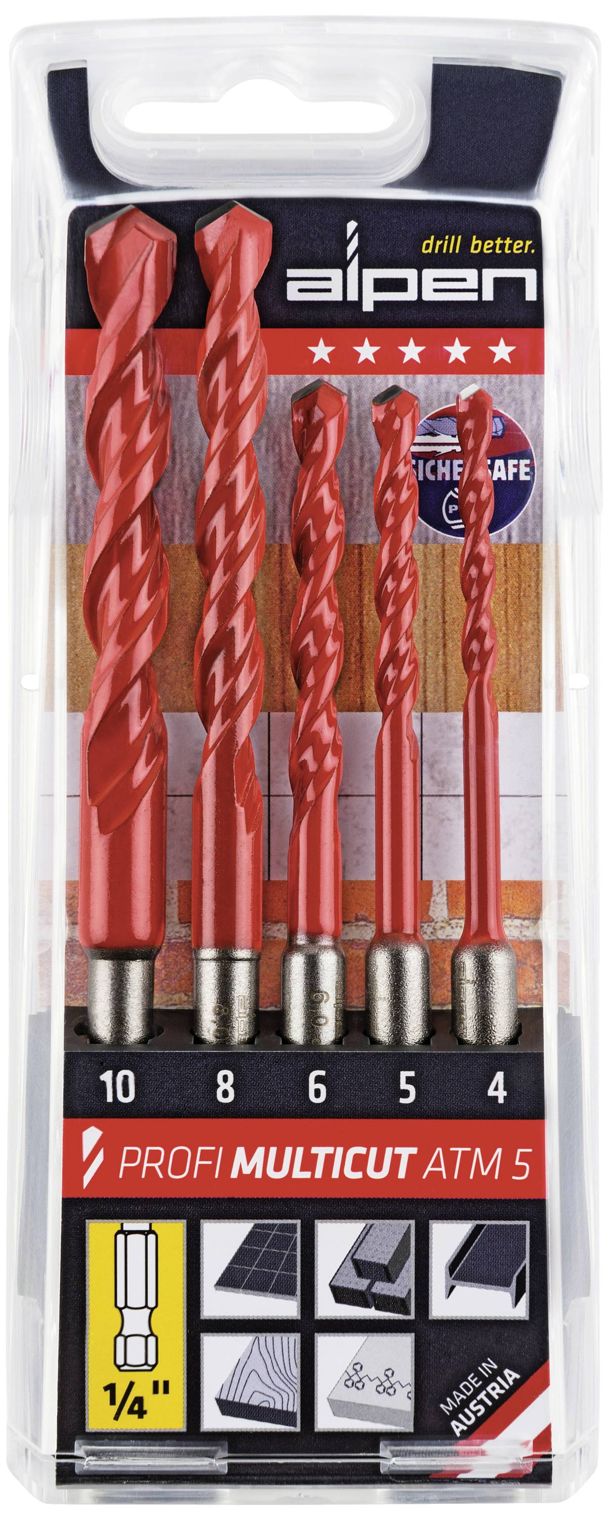 Jeu de 5 forets hélicoïdaux rouges de différentes tailles, conditionnés dans un étui en plastique transparent. Inscription : Profi Multicut ATM 5.