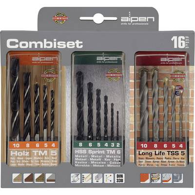Coffret de forets 'Combiset' pour bois, métal et pierre. Contient 16 pièces de différentes tailles, emballées en trois catégories.