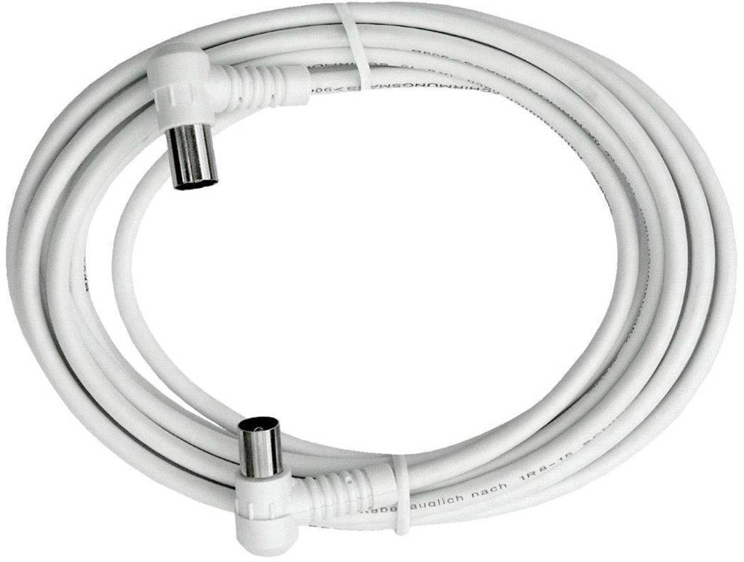 Câble coaxial blanc avec deux connecteurs coudés, adapté pour les branchements TV ou internet.