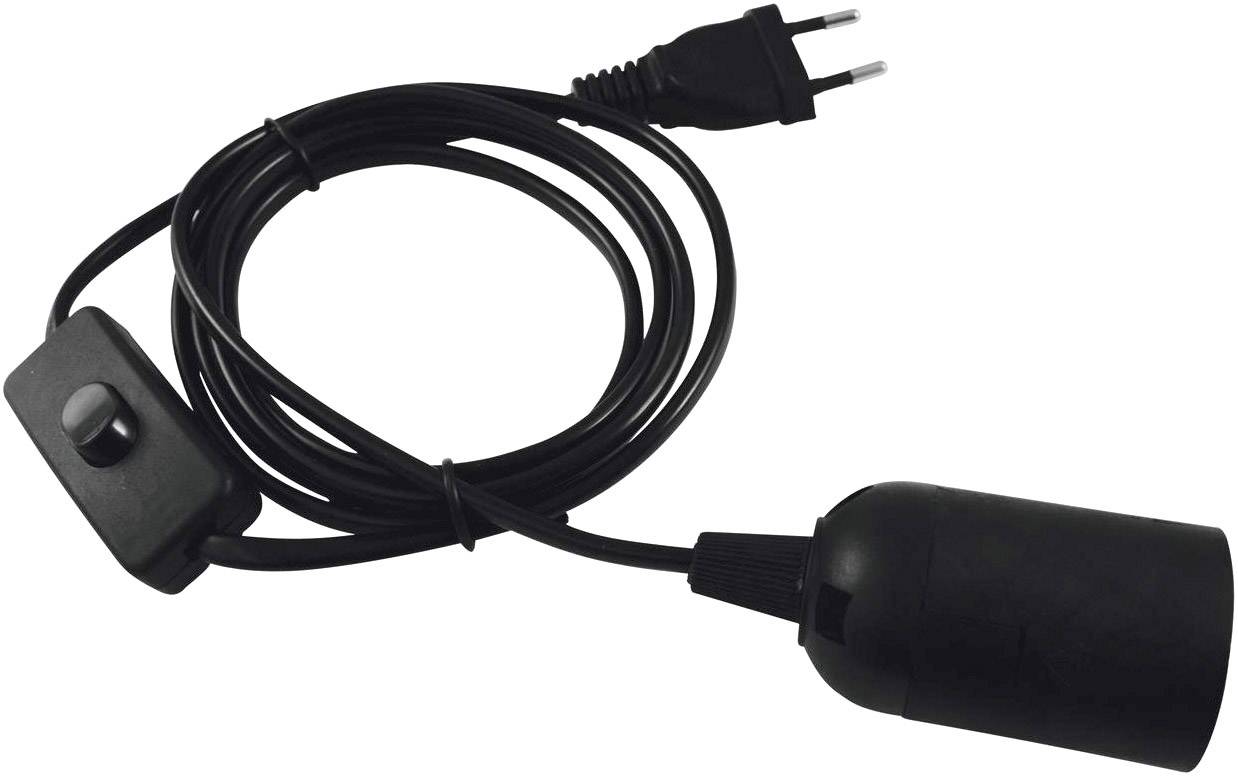 Câble de lampe noir avec interrupteur et fiche européenne, adapté pour connecter des lampes à une prise électrique.
