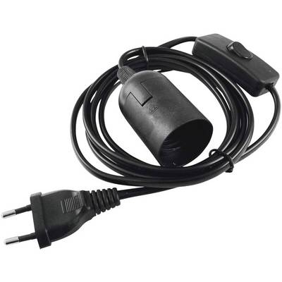 Un câble noir avec une fiche européenne, un support de lampe et un interrupteur intégré, adapté pour une installation de lampe simple.