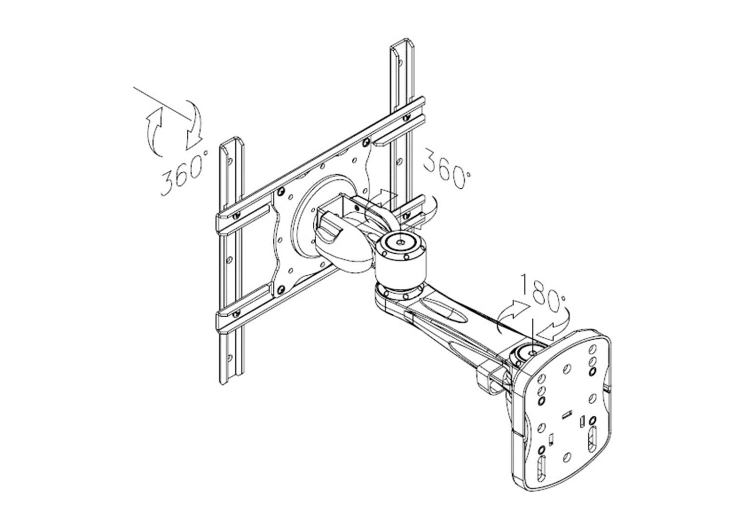 Illustration d'un bras de support de moniteur orientable avec rotation à 360 degrés du support et rotation à 180 degrés de la tige d'extension.