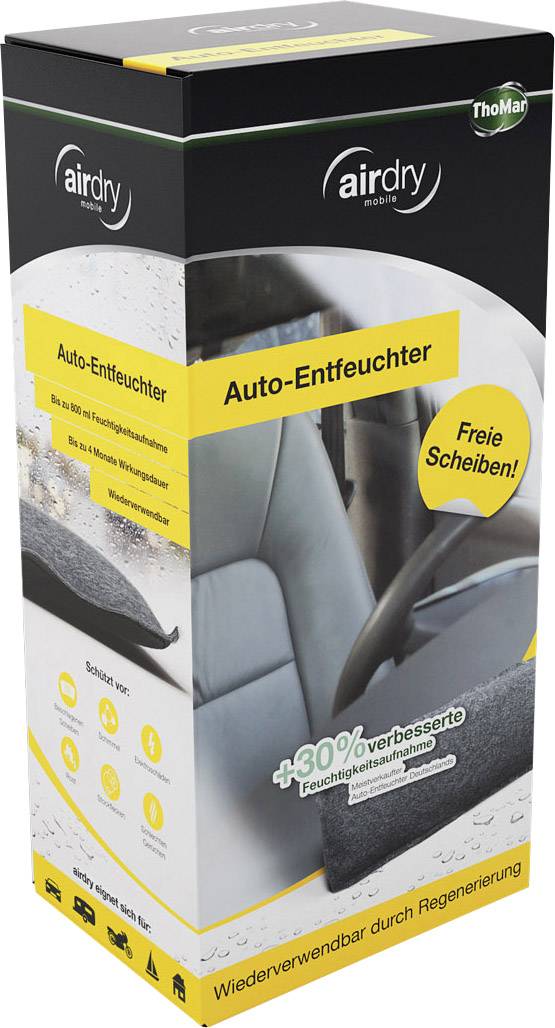 Emballage d'un déshumidificateur pour voiture. Sur l'emballage est inscrit 'Déshumidificateur pour voiture', 'Vitres libres !', et '+30% d'absorption d'humidité améliorée'. Forme de sachet illustrée.