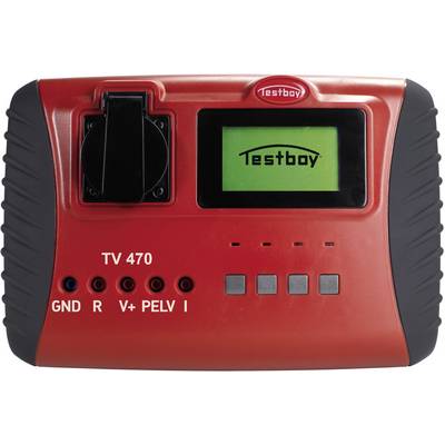 Appareil de test rouge avec écran, connecteur noir et plusieurs boutons. Inscription 'Testboy' et autres indications de connexion.