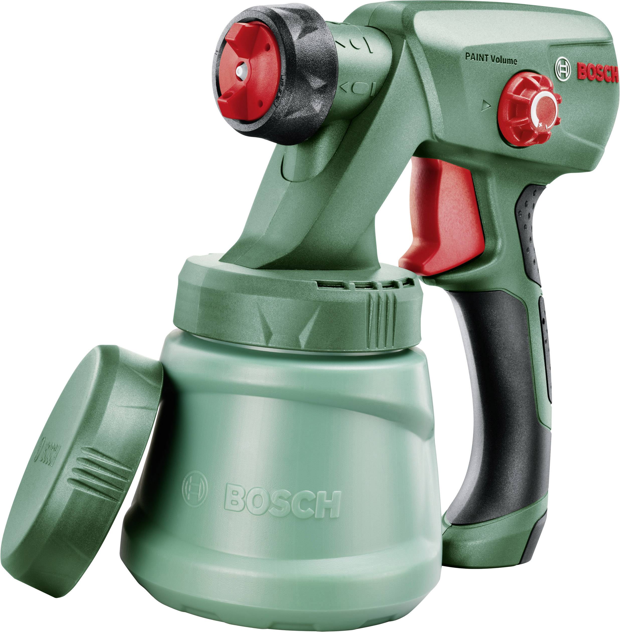 Pistolet de pulvérisation de peinture Bosch vert avec interrupteur rouge, poignée ergonomique et réservoir de peinture amovible. Adapté pour une application uniforme.