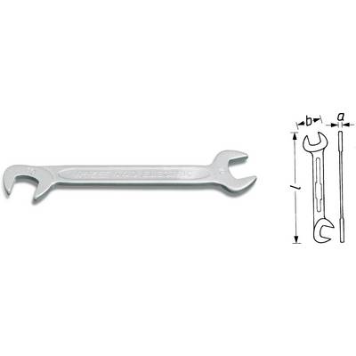 Clé à double mâchoire argentée, avec un diagramme indiquant les dimensions de longueur et de largeur. Inscription 'HAZET 420 ELEGANT'.