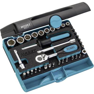 Coffret à outils Hazet, comprenant des douilles, des tournevis et des embouts dans un étui ouvert bleu et noir.