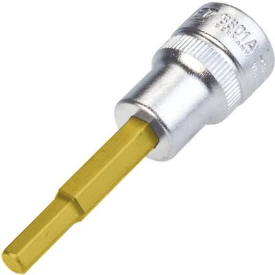 Un embout hexagonal jaune avec un revêtement métallique argenté, adapté pour les travaux de vissage avec des outils compatibles.