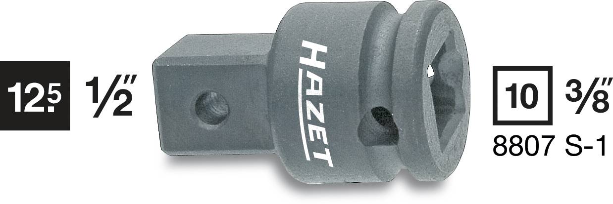 Adaptateur d'outils, gris, marque HAZET, relie les douilles à empreinte de 1/2 pouce aux entraînements de 3/8 de pouce. Numéro de modèle : 8807 S-1.