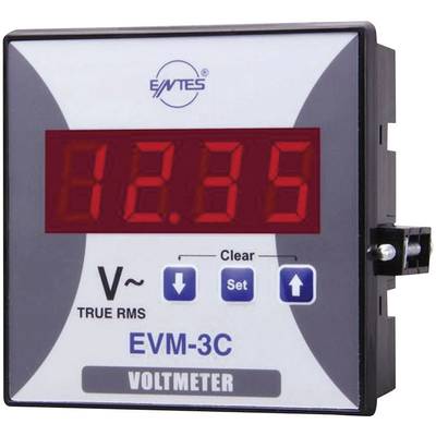 Voltmètre numérique affichant '12,35 V', modèle 'EVM-3C', avec boutons 'Clear' et 'Set'.