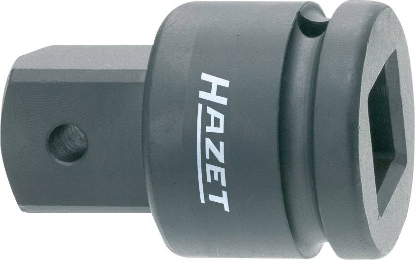 Adaptateur de forme cylindrique, en acier, portant l'inscription 'Hazet'. Relie différents outils, présente une ouverture carrée.
