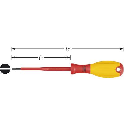 Un tournevis à fente jaune et rouge avec manche isolé, important pour la sécurité électrique. Marquages pour la longueur l1 et l2.
