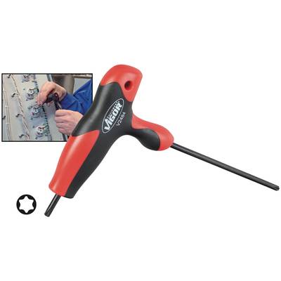 'Tournevis Torx en T avec poignée rouge et noire, modèle VR-T8A, devant une scène d'application sur un tableau de commande.'