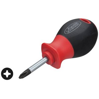 Un tournevis cruciforme avec une poignée ergonomique noir et rouge, repose sur une surface blanche.