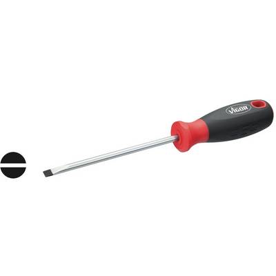 Tournevis à manche noir avec détail rouge, lame plate ; adapté pour les vis à fente.
