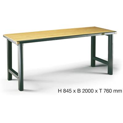 Établi avec châssis en acier et plateau en bois, hauteur 845 mm, largeur 2000 mm, profondeur 760 mm.