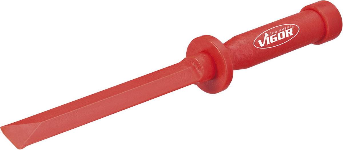 Burin en plastique rouge avec poignée, marqué 'Vigor'. Souvent utilisé pour démonter des pièces sans rayures sur des surfaces délicates.