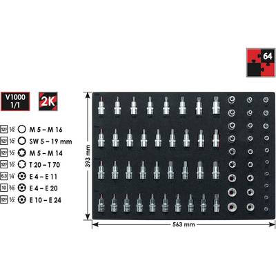 Ensemble de clés à douille, 64 pièces, disposées de différentes tailles et formes sur un plateau noir. Dimensions : 563 mm x 393 mm.