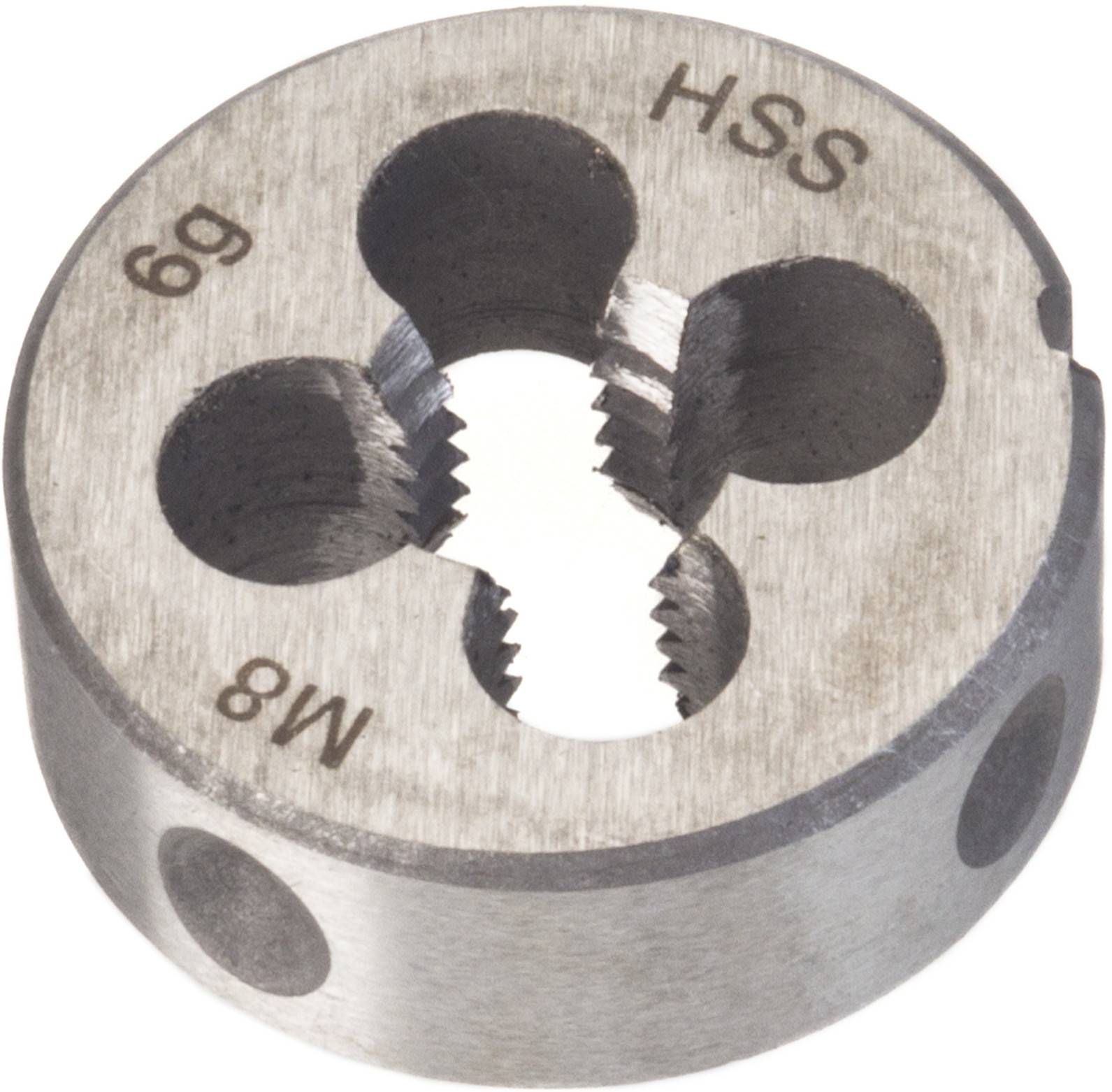 Filière en métal avec l'inscription 'HSS', 'M8', '6g', pour le taraudage de boulons ou de vis.