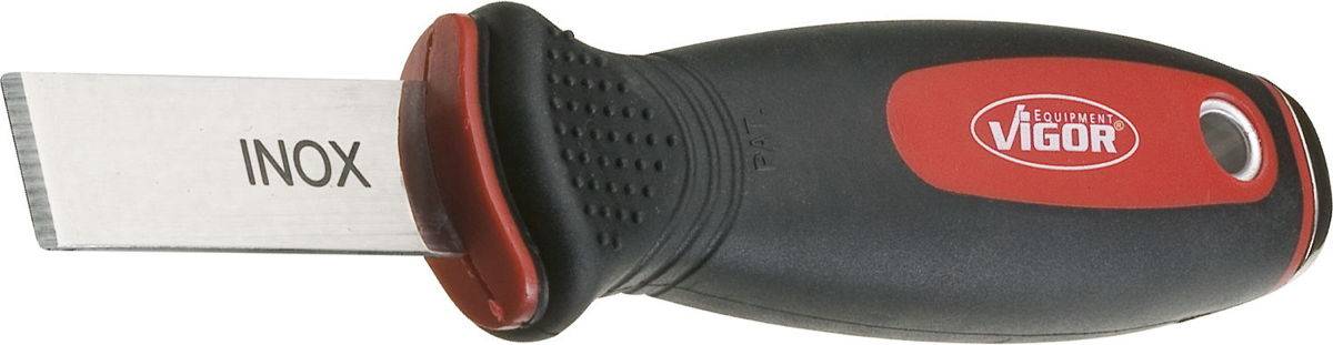 Un grattoir noir et rouge avec une poignée ergonomique et 'INOX' sur la lame.