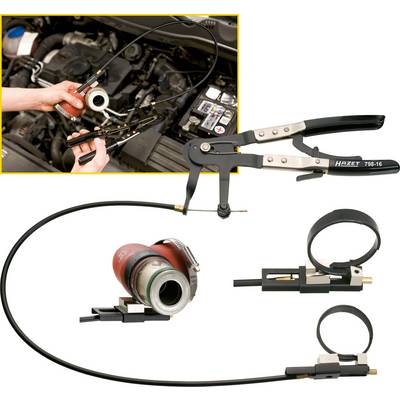 Illustration d'un outil automobile spécialisé avec un câble flexible et des pinces. L'encart supérieur montre l'utilisation sur le moteur.