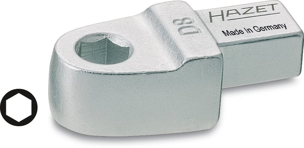 Douille à embout Hazet, taille D8, en métal, avec ouverture hexagonale, 'Fabriqué en Allemagne'.