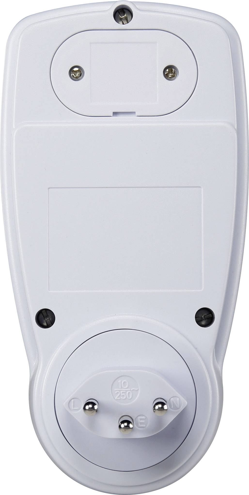 Une prise intermédiaire blanche avec contact de terre, adaptée pour 250V. Conçue pour connecter des appareils au réseau électrique.