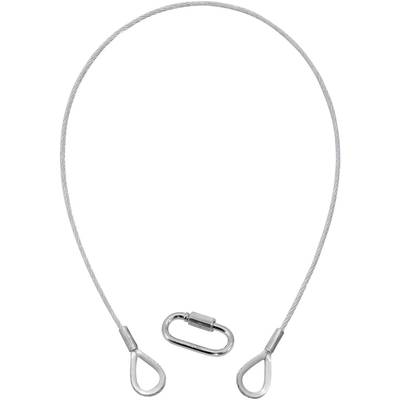 Un câble métallique fin avec deux boucles aux extrémités et un mousqueton à vis au milieu. Utilisé pour une fixation sécurisée.