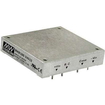 Convertisseur de tension électronique rectangulaire de Mean Well avec cinq broches pour les entrées et sorties, boîtier argenté.