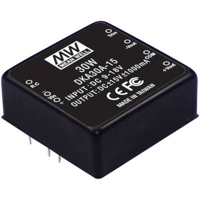 'Mean Well DKA30A-15 convertisseur de tension, 30W, Entrée : 9-18V DC, Sortie : ±15V ±1000mA, fabriqué à Taïwan.'