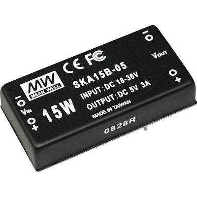 Module électronique noir 'Mean Well' avec indication : Entrée DC 18-36V, Sortie DC 5V 3A, 15W, certifié CE, FCC, fabriqué à Taïwan.