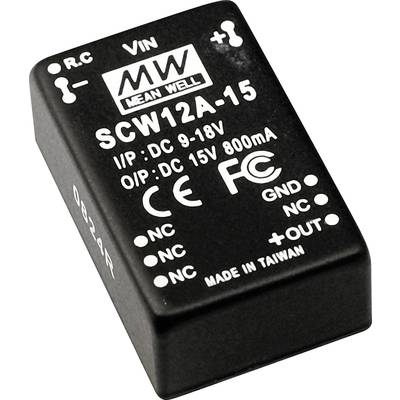 Module d'alimentation à découpage noir de Mean Well, modèle SCW12A-15, Entrée : 9-18V CC, Sortie : 15V CC, 800mA, fabriqué à Taïwan.