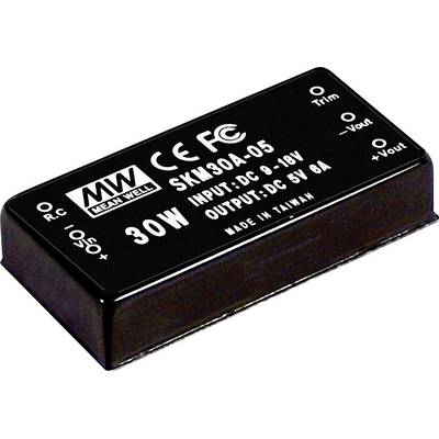 Convertisseur de tension électronique de Mean Well. Modèle SKM30A-05, tension d'entrée 9-18V, tension de sortie 5V, 6A, 30W. Fabriqué à Taïwan.
