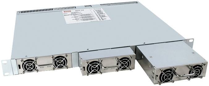 Boîtier doté de trois modules amovibles et de ventilateurs, destiné à l'alimentation électrique et au refroidissement d'appareils électroniques dans un rack.